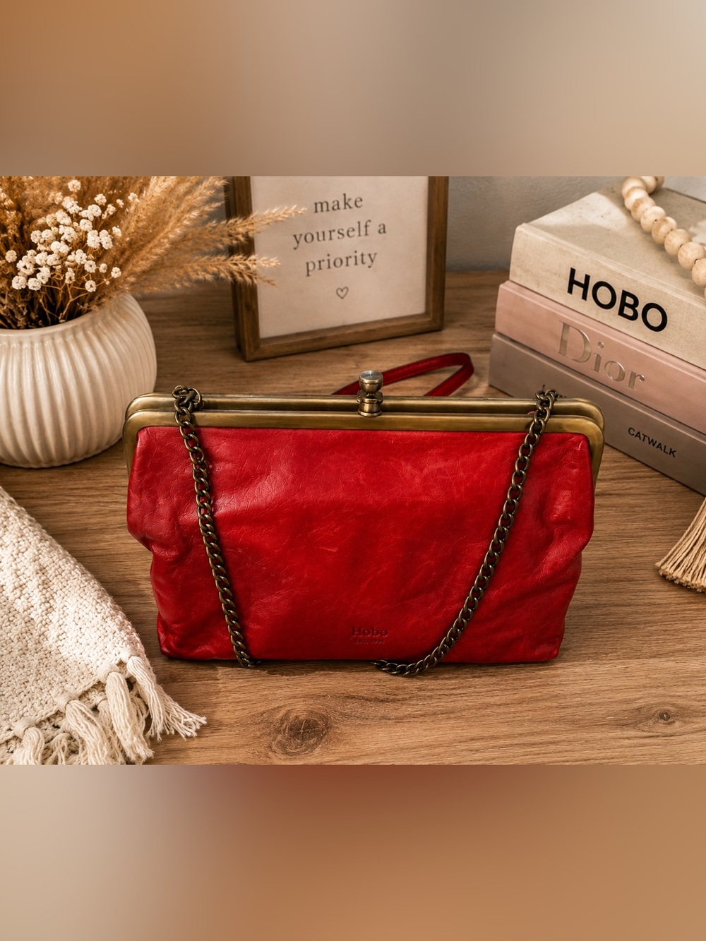 HOBO Red Leather Vintage-Style Frame Clutch / Crossbody
